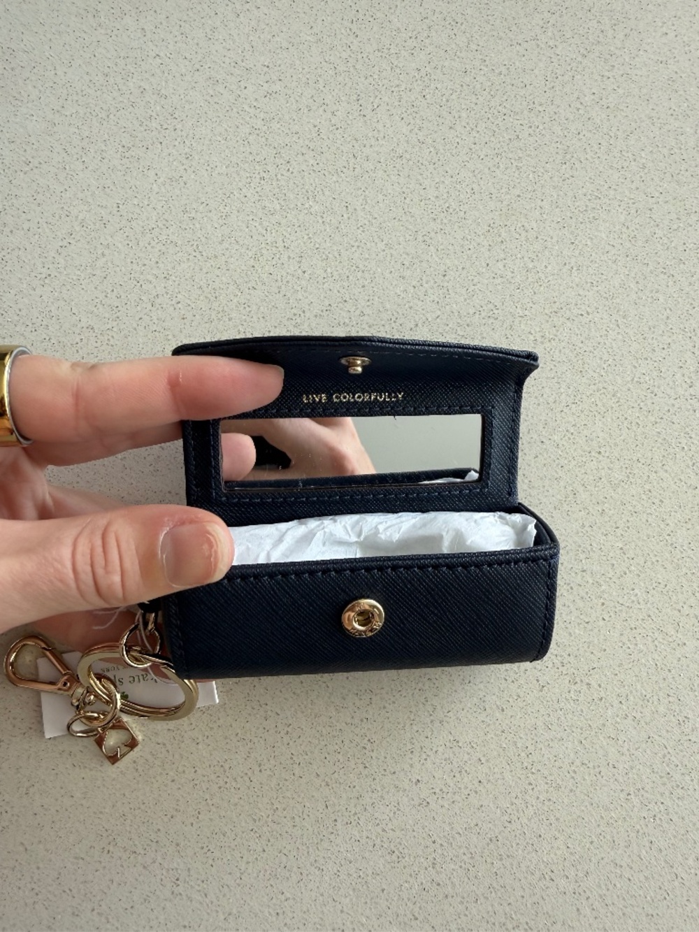 NWT Kate Spade New York Lipstick Holder Keychain Blue Leather Case With Box
